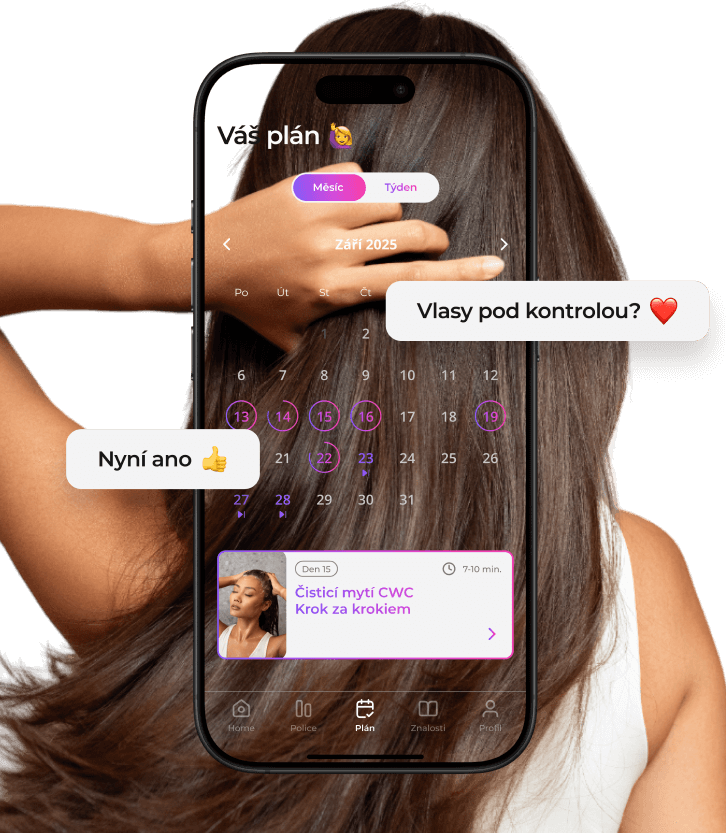 A smartphone displaying the open onlybio hair care app and OMO washing instructions, set against a backdrop of long, brown hair.